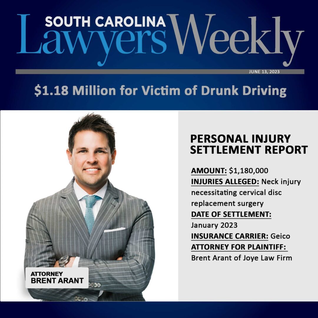 $1.18 million for victim of drunk driving accident by atty Brent Arant in the Lawyers Weekly magazine