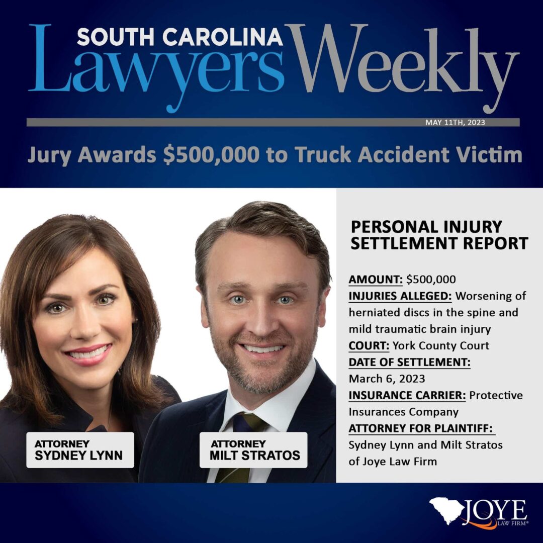 $500,000 to truck accident victim by attys Sydney Lynn and Milt Stratos in Lawyers Weekly Magazine