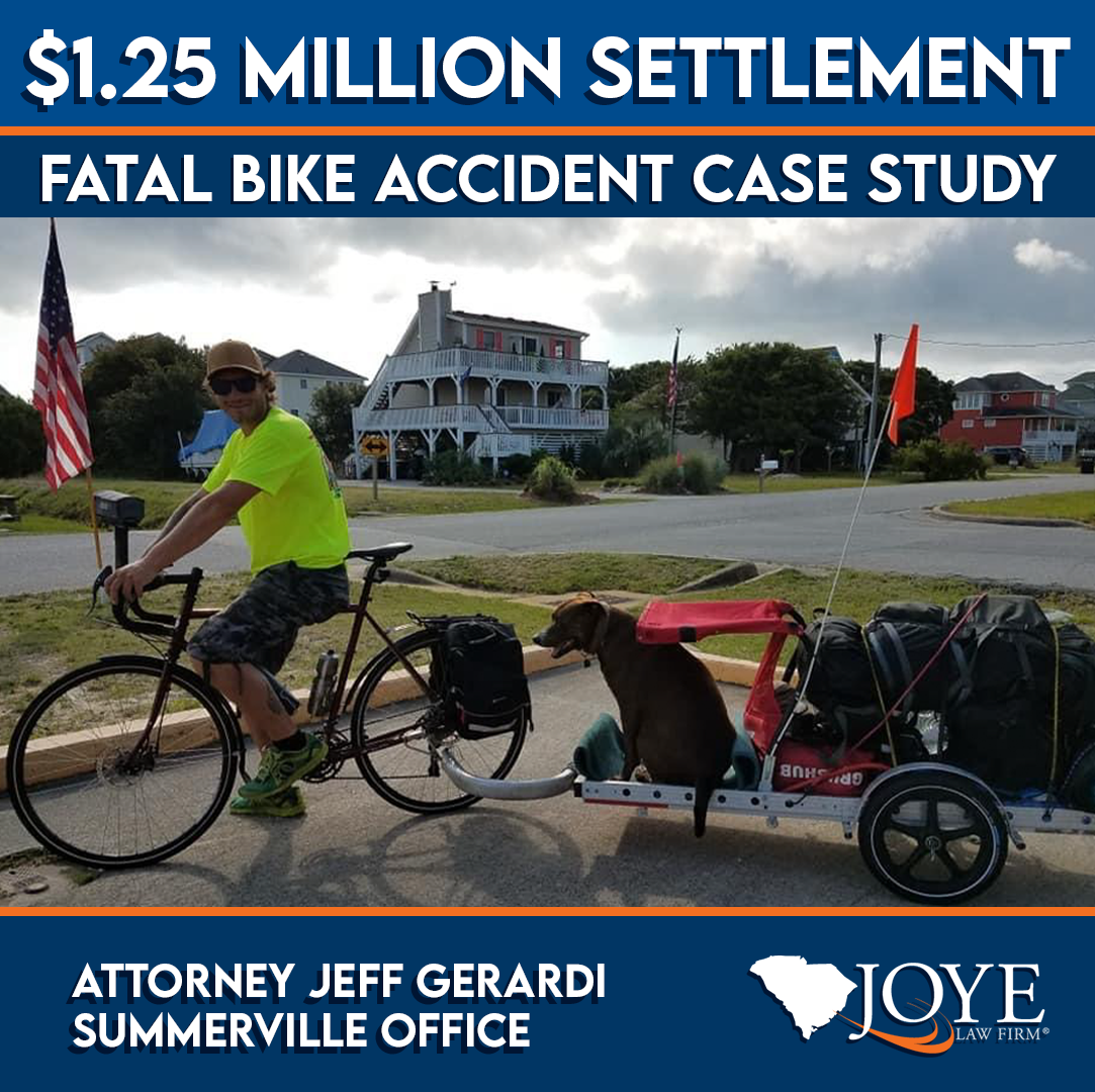 $1.25 Million settlement, fatal bike accident case study. Attorney Jeff Gerardi Summerville office of Joye Law Firm. Image of Kris Cotton and his dog Ava on his bike with attached trailer.