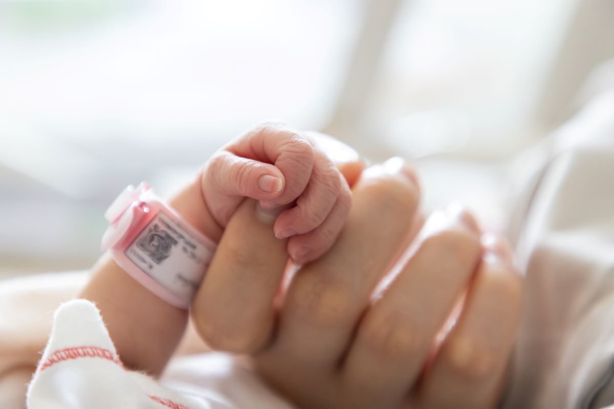 Baby with hospital id tag holding the finger of an adult.